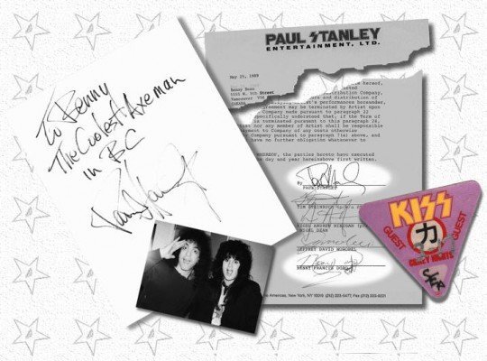 An assembled archival piece containing Paul Stanley's autograph to Benny Doro and the Cleveland Hitmen, a 1993 agreement, a backstage pass, and a photograph of Benny with Paul Stanley