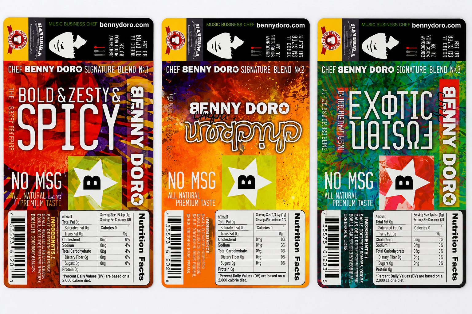 Three colorful Chef Benny Doro Signature Blend package designs: Bold and Zesty Spicy, Chicken, and Exotic Fusion.