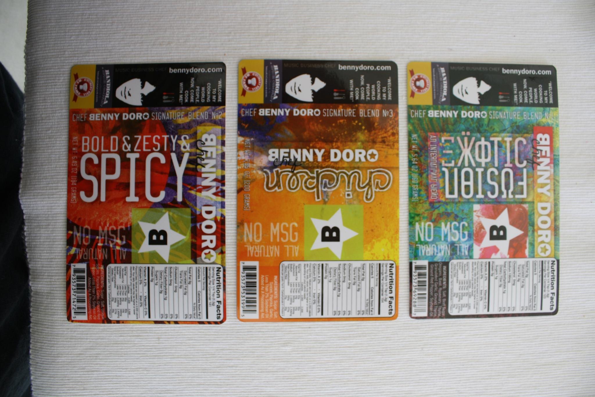 Three Chef Benny Doro Signature Blend labels displayed together.