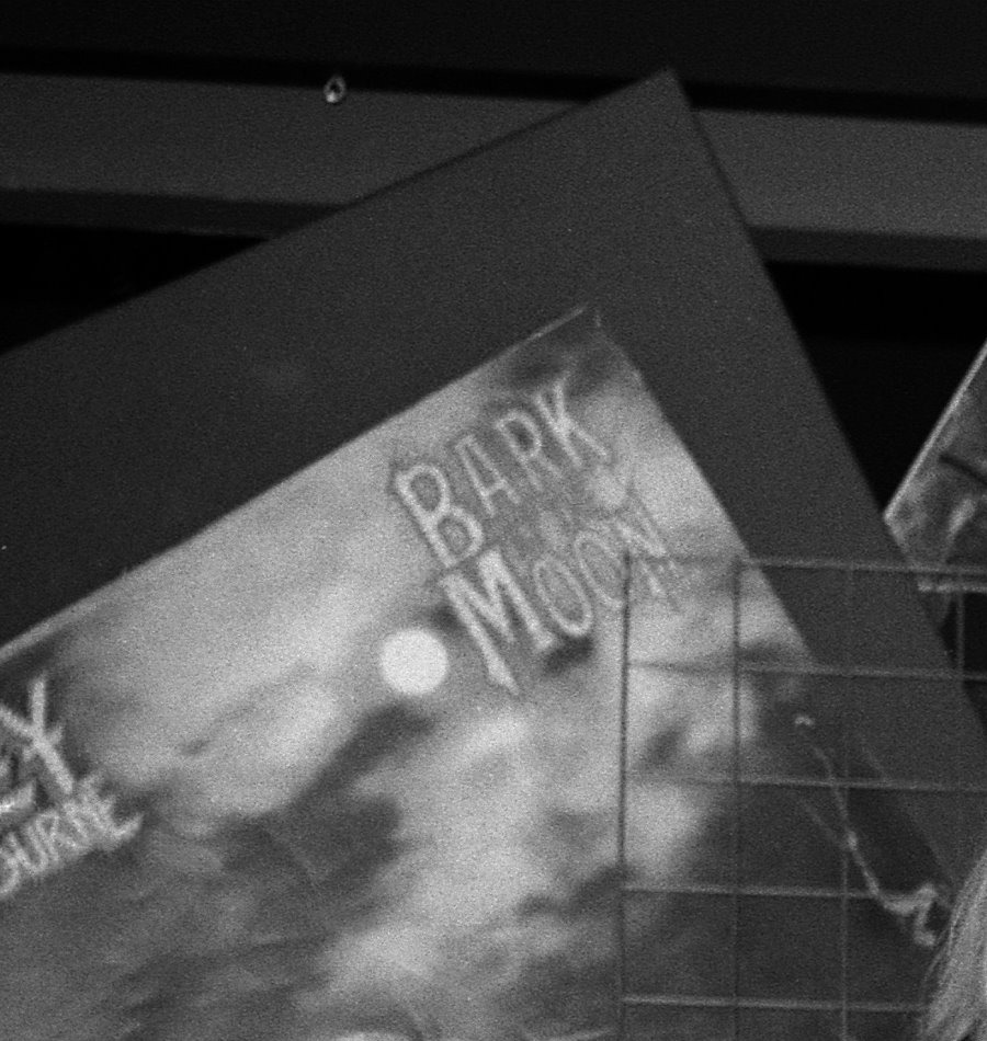 The Bark at the Moon album display visible behind the group.