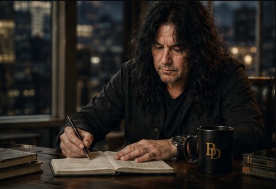 Benny Doro writing at his desk